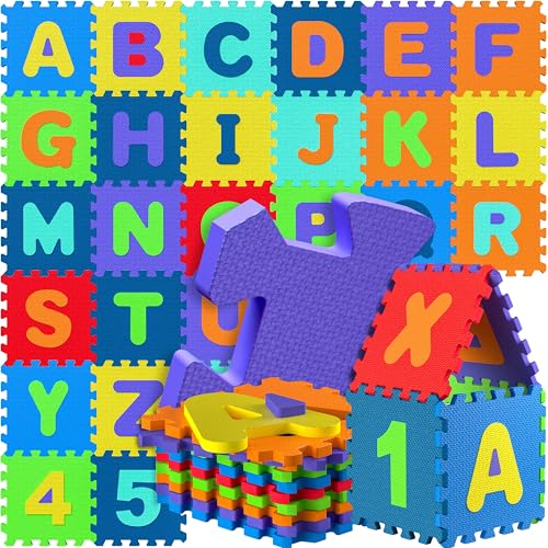 SPIELWERK Tapis Puzzle d'éveil et de Jeu - Dalles en Mousse XXL pour bébé ou Enfant Bas âge - Anti-dérapantes, avec Alphabet et Chiffres, 86 pièces, 36 Dalles de 30x30cm