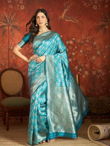 Image of Elegant Banarasi Silk Blend Saree with Gold Zari Woven Floral Border
