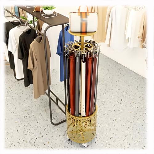 Zfmnoyev Floor Standing Belt Storage Rack with Wheels, 360° Rotation Metal Rack Hanger Organizer, Multi-Functional Handbag Tie Retail Shelves, Space Saving