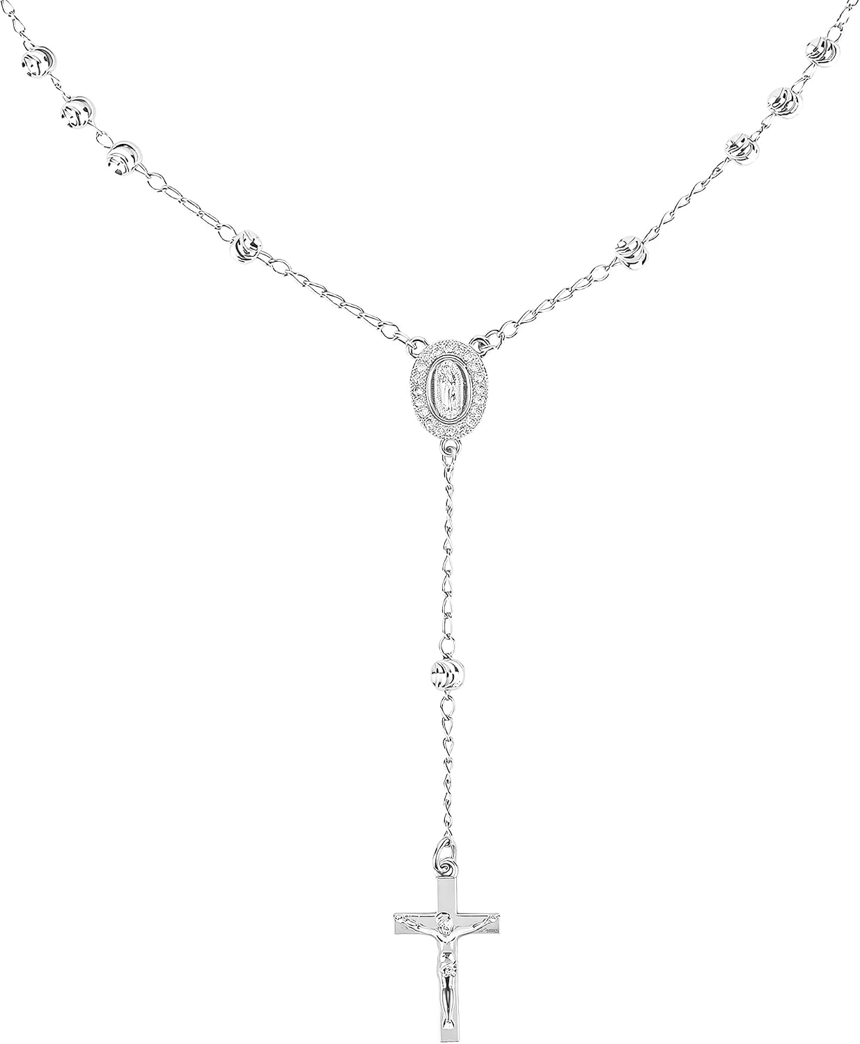 Rosary Cross Necklace for Women, Gold Plated Silver Rose Gold Virgin Mary Rosary 4mm Bead Catholic Jewelry Necklace