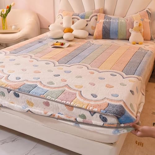 Sábana Bajera de Terciopelo de Cristal, Juego de Cama cálido de Franela Gruesa con Dibujos Animados, Funda de colchón, Ropa de Cama Textil elástica para el hogar