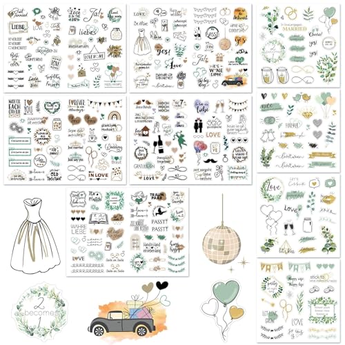 GROFIS 293 peças autocolantes de casamento, 9 folhas autocolantes para livro de visitas de casamento, autocolantes vintage casamento Scrapbooking para livro de visitas, álbum de fotos, cartões