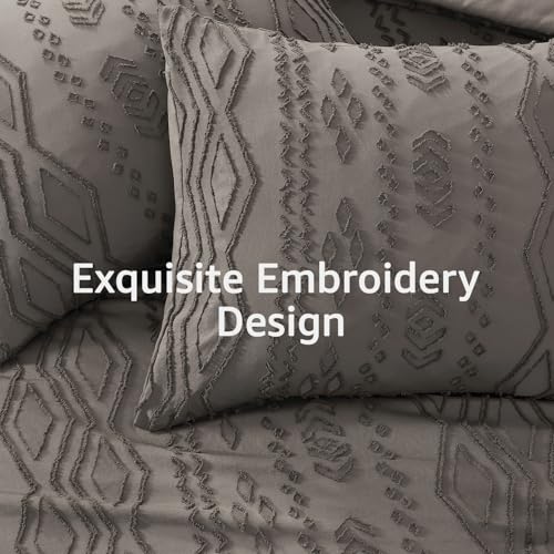 Image of King Size Comforter Set- 7 Pieces Tufted Bed in a Bag King Bedding Sets | All Season Shabby Chic Boho Bedding with Comforter, Sheets, Pillowcases & Shams, Grey
