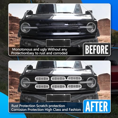 Image of Front Grill Mesh Grille Inserts Cover Frame, Front Bumper Inserts Grill Guard Clip-on Decoration Accessories for Ford Bronco Offroad 2 /4 Door 2021 2022 2023 2024 2025 (White)