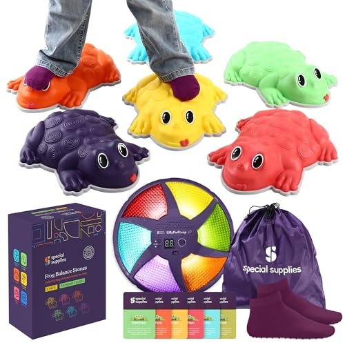 Image of Special Supplies Stepping Stones for Kids - Set of 6 Frog Balance Blocks - Indoor/Outdoor Play - Child Safe Rubber, Non-Slip Edging - Promotes Coordination, Balance, Strength, Game Included