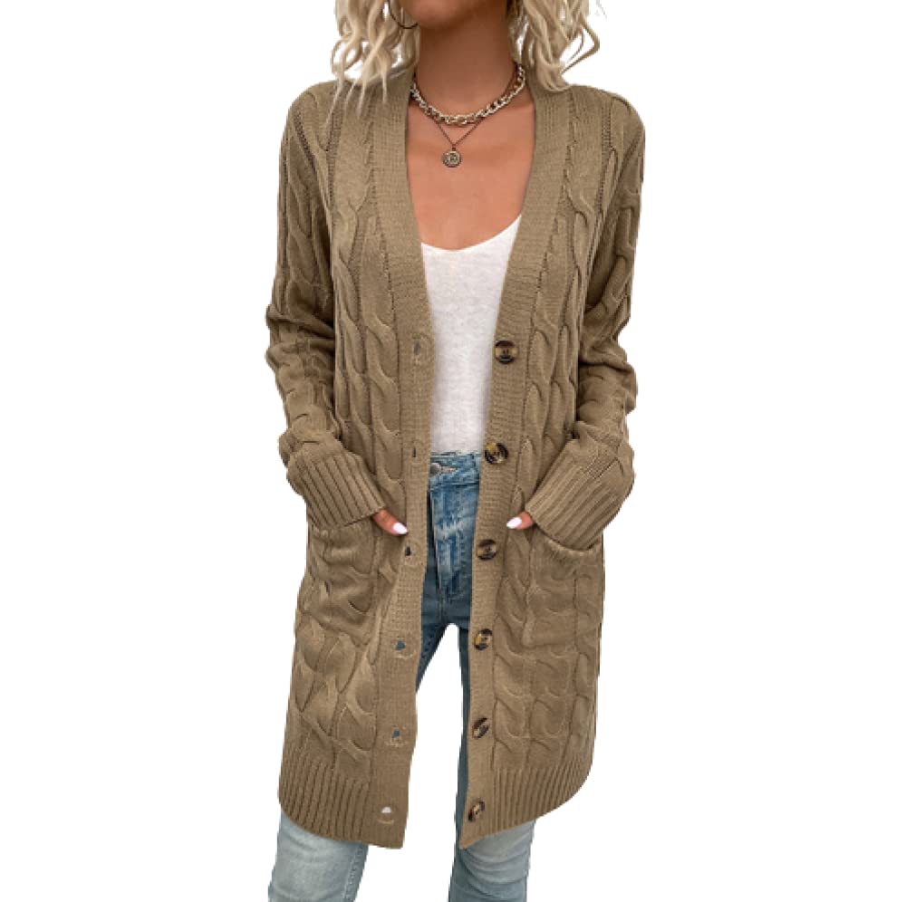 Strickjacke Damen,Dicke Strickjacken Für Damen Langer Abschnitt Knöpfe Strickmantel Einfarbig Braun Langarm Strickjacke Strickjacke Für Damen Taschenpullover Winterjacke,L