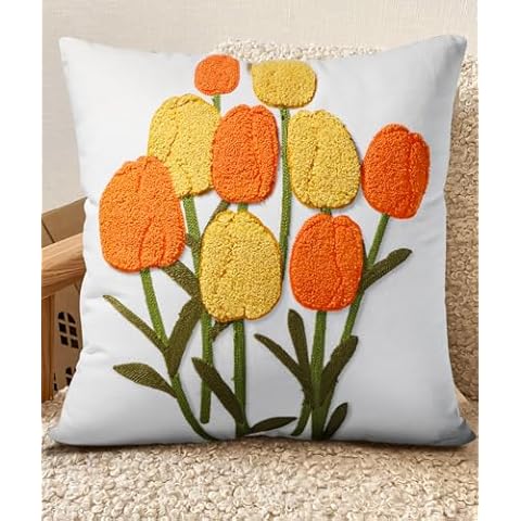 Kokaaee Embroidered Throw Pillow Cover - 18x18 Outdoor Decorative Pillow Covers with Zipper for Couch Sofa Bedroom Aesthetic Yellow Tulips Soft Cozy Cotton Pillowcase Covers with Patterned Cover