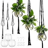 Colingmill 3 Pcs Plastic Plant Propagation with Boho Macrame Hanger Wall Plant Propagation Station Hanging Holder Include Hooks Kit for Indoor Home Garden Office Decor 3 Size (Black)