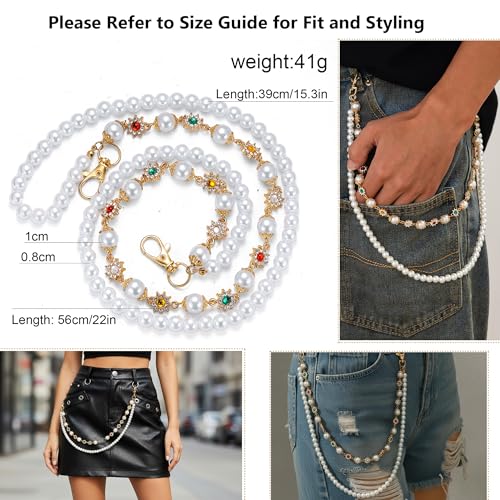 Image of Y2K Pearl Pants Chain Streetwear Jewelry- Unisex Layered Wallet Chain with Heart Cross Pendant, Punk Aesthetic Jeans Keychain Accessory for Men Women