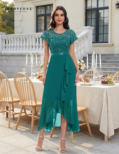 Image of BeryLove Formal Long Dresses for Women Wedding Guest Cocktail Bridesmaid | Airy Lace & Chiffon Evening Gown, Flutter Sleeve, Ideal for Mother of the Bride, Prom, Homecoming Party & Semi-Foraml Events