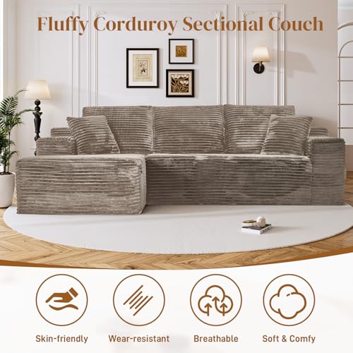 Image of 108 inch L Shaped Boneless Sectional Couches for Living Room, Comfy Corduroy Floor Cloud Sofa with Chaise, Wide Armrest, Deep Seat, Memory Foam, Assembly Free, Ideal for Small Spaces, Brown
