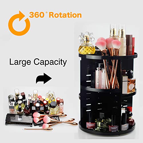 Felicite 360 Degree Rotating Adjustable Acrylic Makeup Organizer,Large Capacity Make up Caddy Shelf,Fit Lipsticks,Cream,Brushes,Jewerlry,Countertop Shelf,Round Black