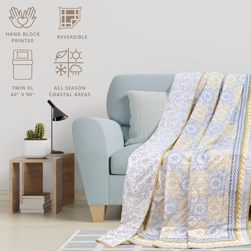 Image of TOAIArt Premium Jaipuri Dohar | AC Blanket Summer Quilt | Hand Block Printed | 3 Layers | Reversible | 150GSM 100% Mulmul Cotton | 100% Cotton Flannel Filling | Single 60 inch X 90 inch |Yellow Grey Jharokha