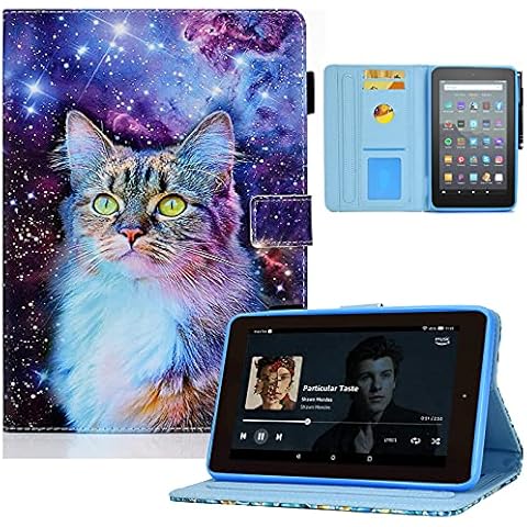 KEROM Fire 7 Tablet Case (9th/7th/5th Generation, 2019/2017/2015 Release), PU Leather Stand Cover Case with Auto Wake/Sleep, Not Fit Fire 7 Tablet 12th Gen 2022 Version, Space Cat Cover