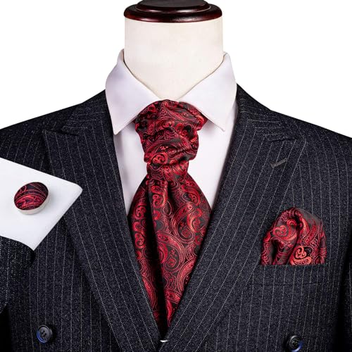 Image of Barry.Wang Ascot Ties Cravat Tie Men Paisley Plaid Scarf Self Tie Pocket Square Cufflinks Set Wedding Party