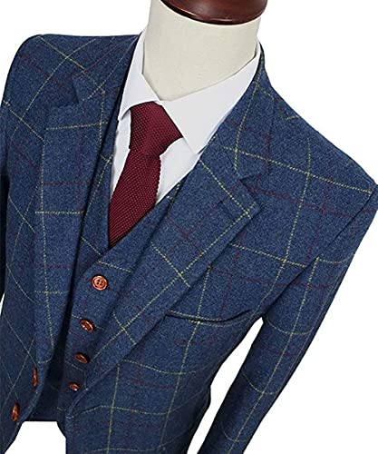Wemaliyzd Mens Vintage 3 Piece Checkered Plaid Suit Tweed Blazer Vest Pants4