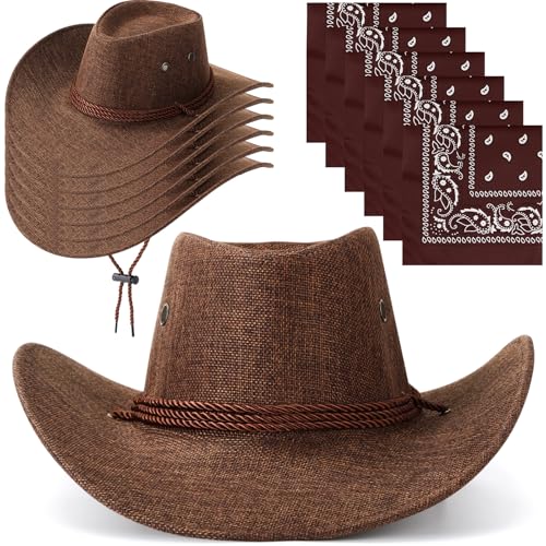 Image of Zhanmai 12 Pcs Cowboy Hat and Bandana Cowboy Cowgirl Hats Bulk Western Party Costume Halloween Accessory