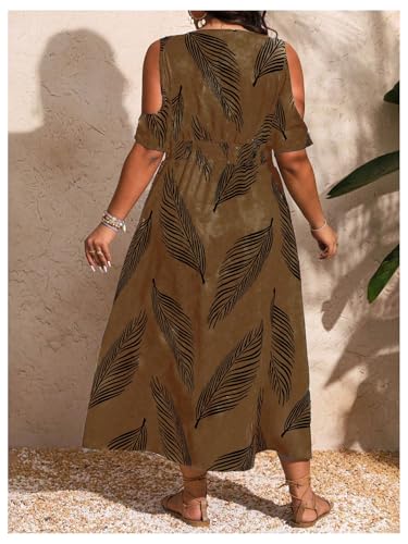 Image of Floerns Women's Plus Size Cold Shoulder Tropical Print V Neck Flared A Line Long Dress