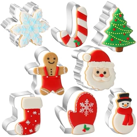 8PCS Large Christmas Cookie Cutters Set, Holiday Cookie Cutters Shape Gingerbread Men, Christmas Tree, Snowflake, Candy Cane, Santa Face Snow Man Stocking, Mitten for Winter Baking Cover