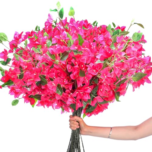 Yuxung 30 Pcs Artificial Faux Bougainvillea Fake Flower Silk Bougainvillea Branches UV Resistant Outdoor Indoor Decoration for Wedding Home Centerpieces Outside Decor (Rose Red)