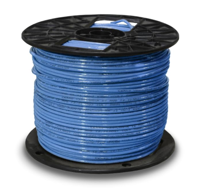 12 Gauge THHN Copper Stranded, 500 Foot Reel, Blue, 12 AWG, Up to 600 Volt Rated, UL Listed, Rated THHN and THWN, Thermoplastic Insulation/Nylon Sheath, Heat, Moisture, Gasoline and Oil Resistant II