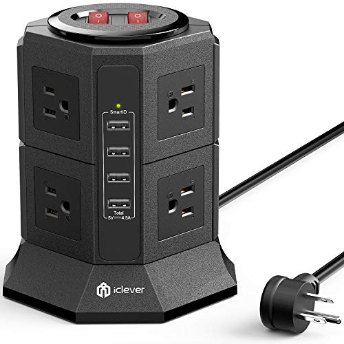 iClever Power Strip Tower Surge Protector, 8 AC Outlets 4.5A 4 USB Ports