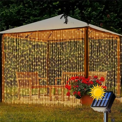 Solar Powered Curtain Lights, 3M x 2M 200 LED High Brightness Curtain Lights, 8 Lighting Modes, Energy-Saving and IP65 Waterproof String Lights