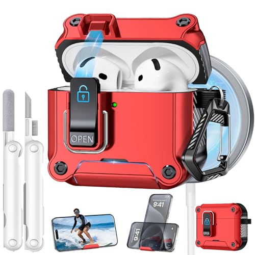 Image of Dual Safety Lock for AirPods 4 Case 2024, Compatible with MagSafe - Designed with Automatic Switch and Phone Stand, Includes a Cleaner & Keychain - Rugged Tough Hard Shell for Apple AirPods 4