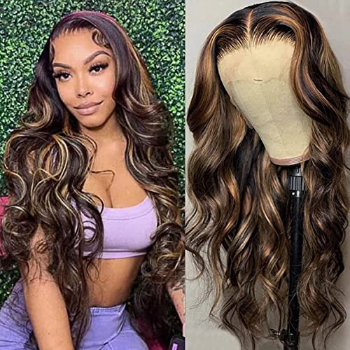 Haha Body Wave Highlight Human Hair Lace Frontal Wig 13x4 Ombre Lace Front Wig Honey Blonde Highlight Lace Front Wigs Pre Plucked Free Part 150% Density 18 Inch Colored Brown