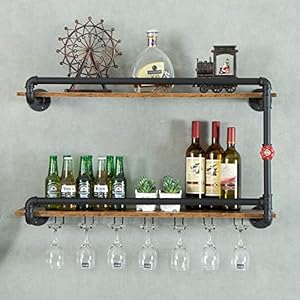 Wine Rack Wall Mounted 2 Tier, Hanging Floating Bar Liquor Shelves with Glass Holder Storage Under, Industrial Rustic Pipe Farmhouse Kitchen Decor Black(35.4x10.6x19.7) Wine Rack Wall Mounted 2 Tier Hanging Floating Bar Liquor Shelves with Glass Holder Storage Under Industrial Rustic Pipe Farmhouse Kitchen Decor Black354x106x197