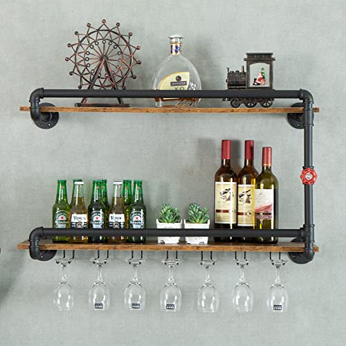 Wine-Rack-Wall-Mounted-2-Tier-Hanging-Floating-Bar-Liquor-Shelves-with-Glass-Holder-Storage-Under-Industrial-Rustic-Pipe-Farmhouse-Kitchen-Decor-Black354x106x197 Wine Rack Wall Mounted 2 Tier Hanging Floating Bar Liquor Shelves with Glass Holder Storage Under Industrial Rustic Pipe Farmhouse Kitchen Decor Black354x106x197