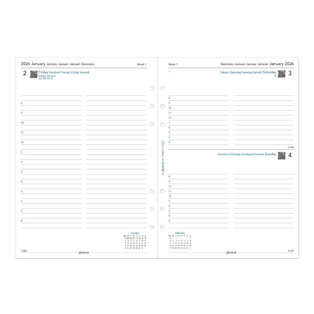 Filofax Calendar Diary Refill, A5 Size, Day on One Page with Appointments, White Paper, Multilingual: Five Languages, 2026 (C68515-26)