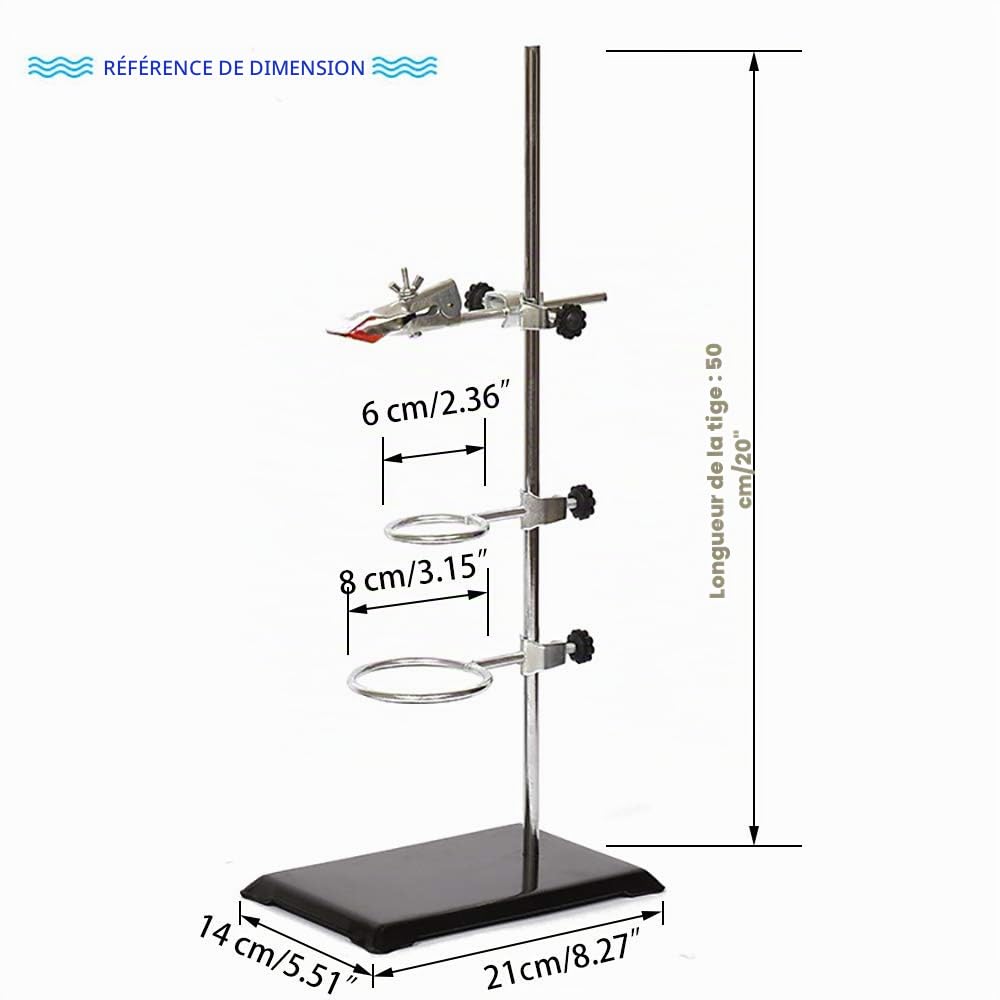Support de Retort de Laboratoire pour extraction de titrage avec pince de burette et 2 colliers de serrage pour flasque, utilisé en laboratoire de chimie ou de physique (50 cm)