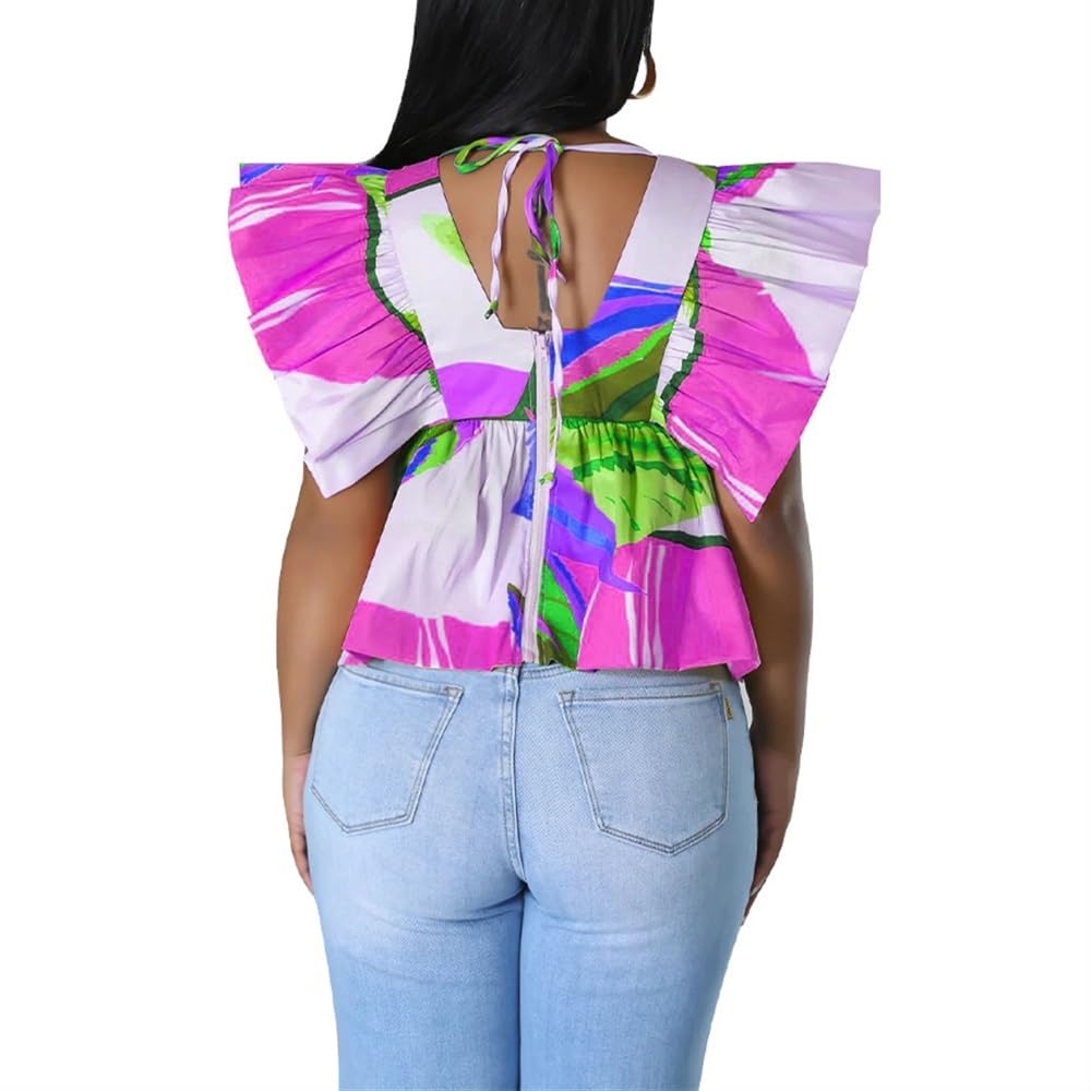 2024 Verano Mujer Sexy V Cuello Volantes Manga Casquillo Tops Sueltos Casual Más Tamaño Camisas Volantes Dobladillo Cómodo Blusa