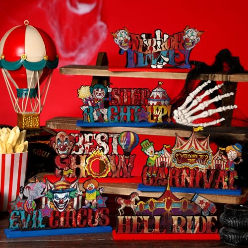 Image of Yuntau 6 Pcs Halloween Carnival Party Decorations Horror Blood Circus Clown Table Centerpiece Scary Carnival Circus Theme Wooden Table Sign for Indoor Horror Evil Halloween Party Decorations Supplies