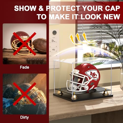 Image of Mini Football Helmet Display Case Self-Assembly Dustproof Acrylic Display Case for Mini Football Helmet Baseball Motorcycle Helmet with Metal Bell Base (8.3x6.3x7.1 inch)