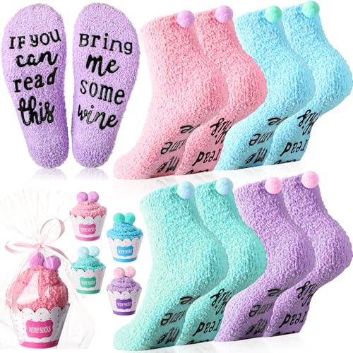 Image of Geyoga 4 Pair Valentine's Day Wine Socks Gifts for Women Wine Lovers Xmas If You Can Read This Cupcake Crew Socks
