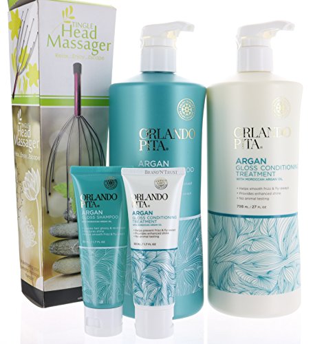 Value Set Orlando Pita Argan Gloss Shampoo & Conditioner 27 fl/oz each + Travel Size and Head Massager