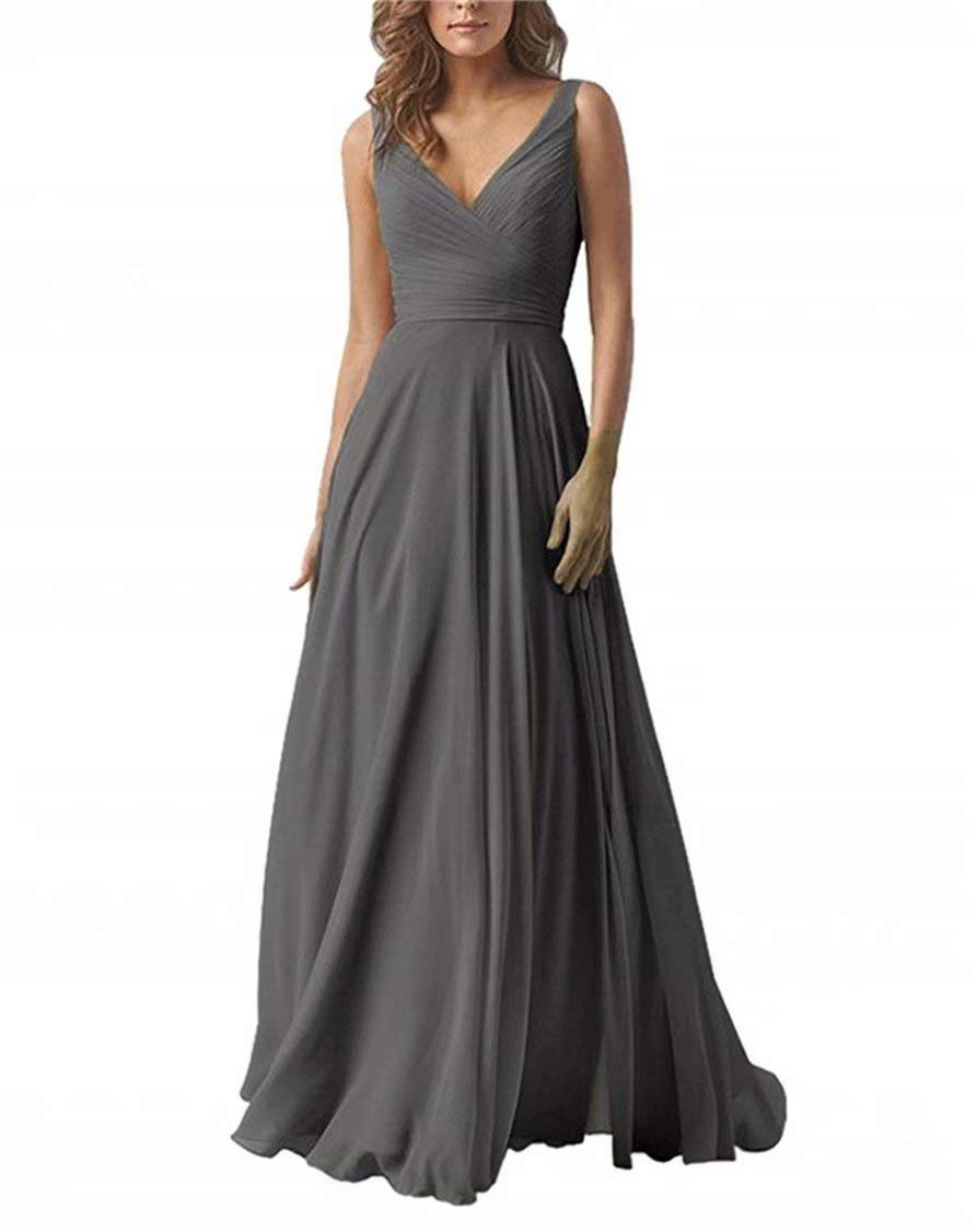 EEFZL Women's Double V Neck Bridesmaid Dress Long Chiffon Prom Evening Juniors Graduation Gowns