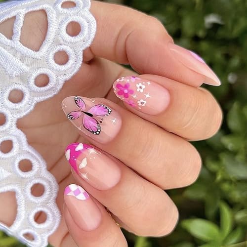 24 uñas postizas cortas con punta francesa, uñas postizas de almendra, uñas acrílicas con diseño de mariposa, cobertura completa, uñas adhesivas