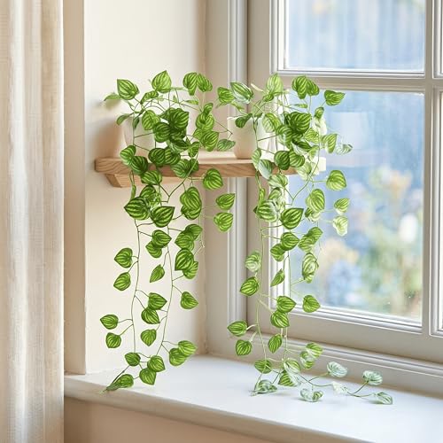 Image of Dekorly Artificial Hanging Garland with Pot - 100cm Rose Vine, 10cm Decorative Pot for Table, Shelf & Wall Decor (2, Vines-02)