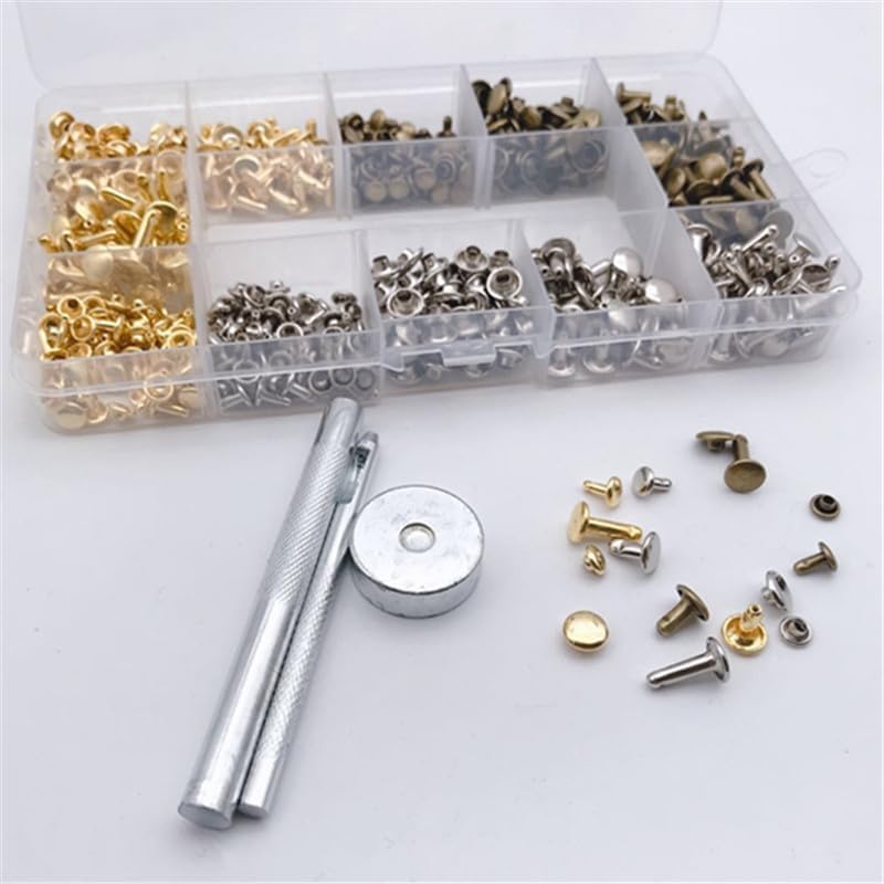 Generic 300 Sets Leather Rivets Double-sided Rivet Tubular Metal Studs Rivets Metal Leather Craft with Fixing Tools Kit Storage Box
