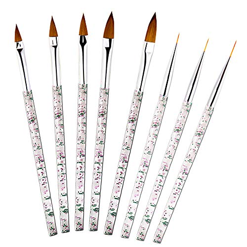 Brushes for Acrylic Application 8PCS 3D Nail Art Brushes Set 5 UV Gel Acrylic Nail Art Painting Brush and 3 Nail Liner Brush Rhinestone Handle Nail Pen for Nail Art Tips Builder and Nail Painting