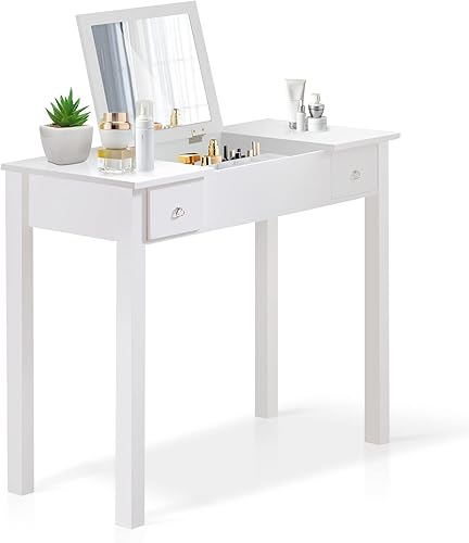 Taiweny Escritorio de tocador de maquillaje con espejo abatible, moderno juego de tocador para dormitorio, escritorio con cajones de almacenamiento