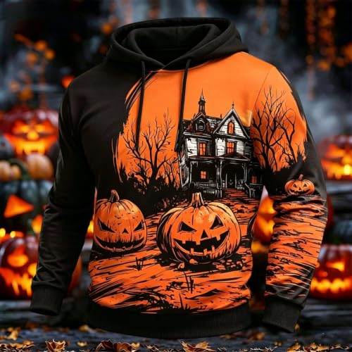Halloween Hoodies for Men Spooky Castle Pumpkin Hoodie Y2k Casual Long Sleeve Pullover Streetwear Sweatshirt 2026 Orange - image 2