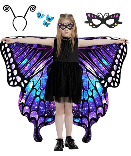 Aimeiar Butterfly Halloween costumes for girls,Double Sided Butterfly wings for girls,2024 New kids butterfly costume for Halloween Party Kids Fairy Wing Shawl Cape with Mask Headband Butterfly Clips