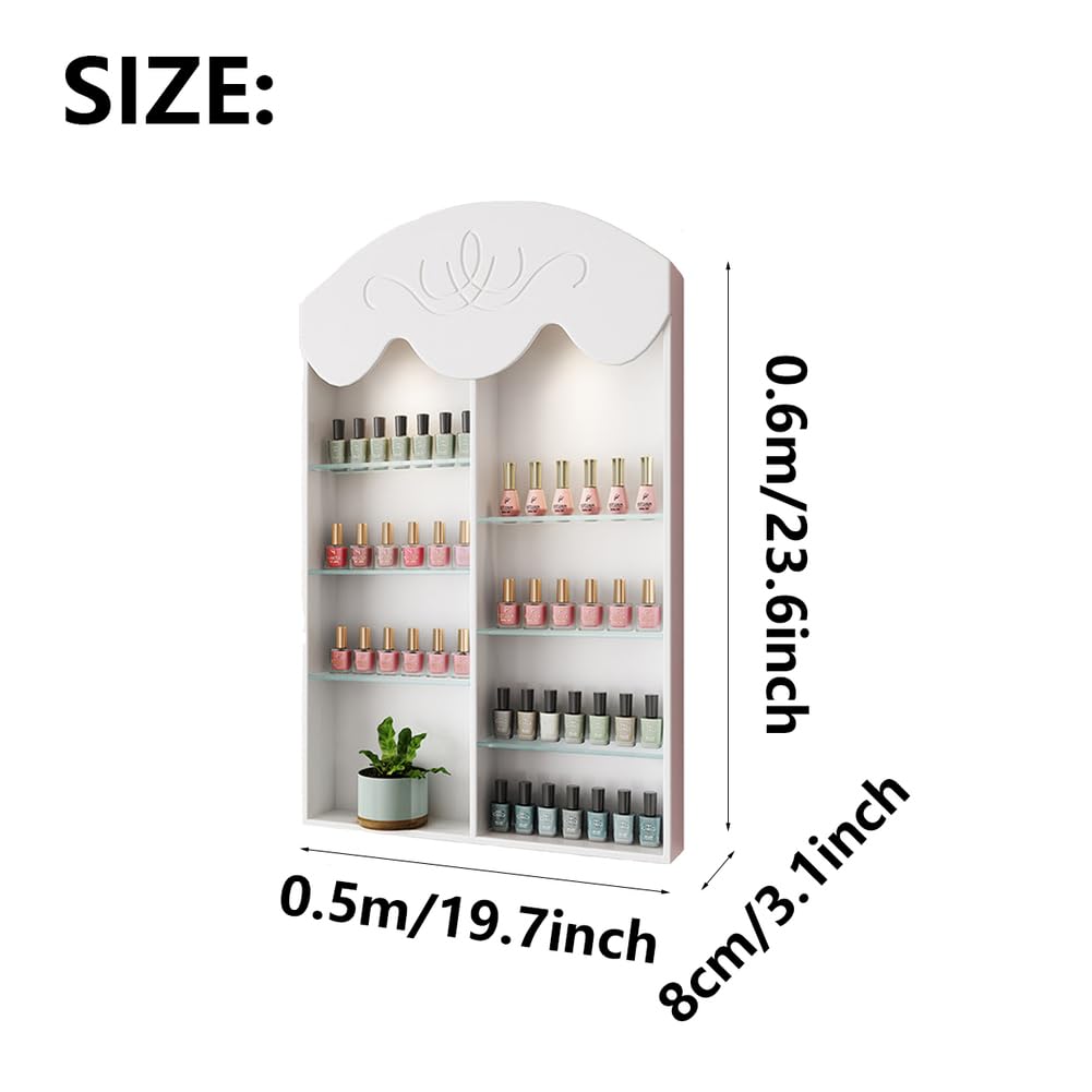 Mensola Portaoggetti per Smalti da Salone, Espositore per Cosmetici in Legno Bianco, Mobiletto per Oli Essenziali Sospeso con Pannello Posteriore, Mensole Galleggianti Multiuso,0.5m