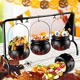 Halloween Cauldrons Serving Bowl Decor,Set of 3 Witches Cauldron Candy Serving Bowls on Rack,Black Plastic Cauldron with Skeletons for Indoor,Outdoor,Home,Kitchen Decoration