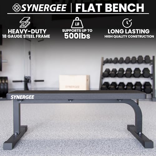 Synergee Flat Bench Workout Bench –Perfect for Pressing Exercises – Weight Bench for Dumbbell & Barbell Press Workouts – Great for Commercial, Garage and Home Gym - Thumbnail 2