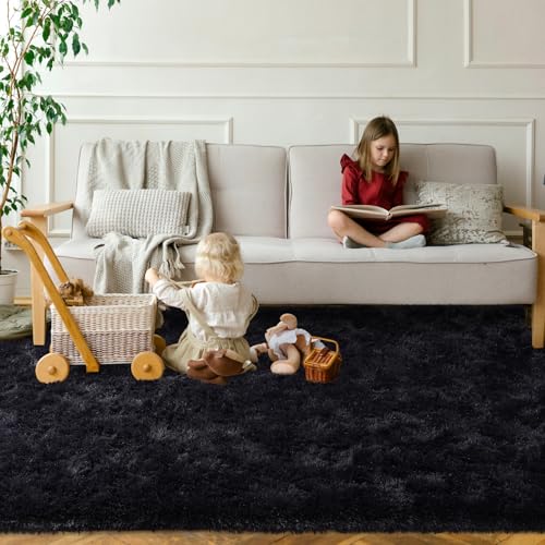 Black Rugs for Living Room Fluffy 5x7 ft Bedroom Rug Non-Slip Area Rugs Shag Carpet for Nursery Kids PlayRoom Dorm Office Indoor Modern Plush Carpets Boys